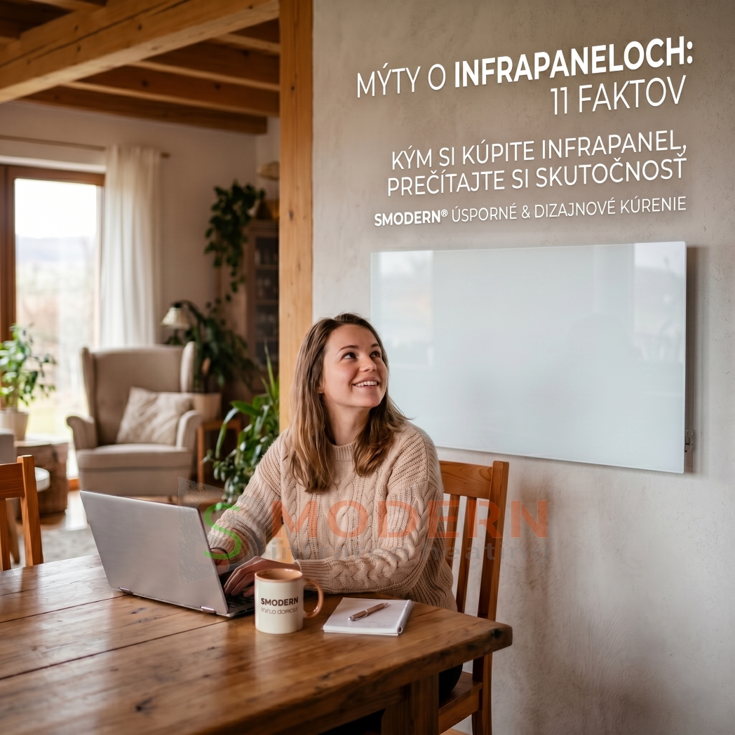 Žena pracujúca na notebooku v útulnej jedálni, kde je na stene namontovaný elegantný biely sklenený infrapanel SMODERN®.